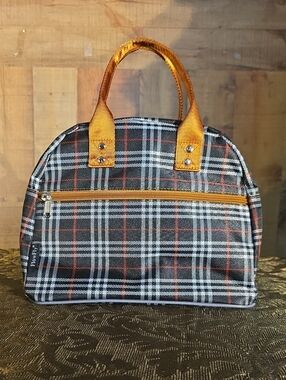 Insulated Lunch Tote with Tan Handles Plaid